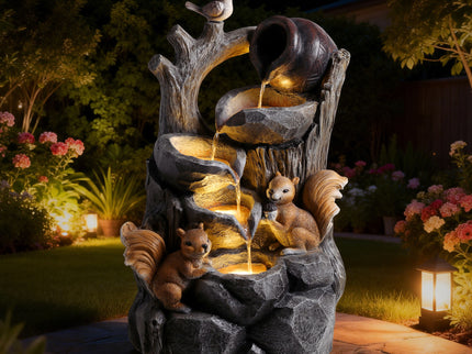 Outdoor Squirrel, Tiered Waterfall Fountain With LED Light For Patio - Gray