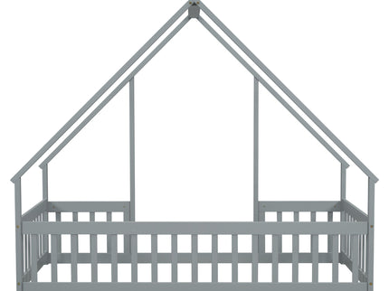 Wood House-Shaped Floor Bed With Fence, Guardrails