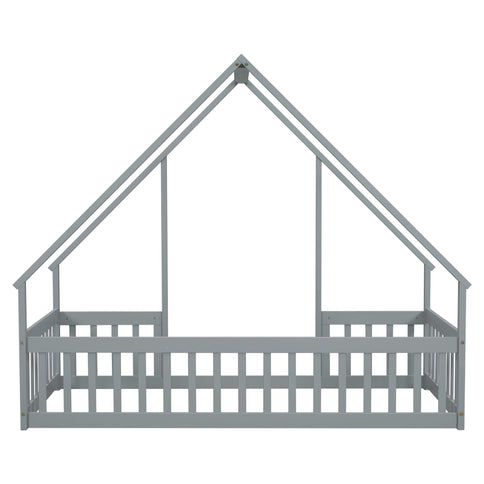 Wood House-Shaped Floor Bed With Fence, Guardrails