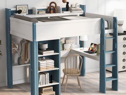 Loft Bed With Built In Storage Shelves, Clothes Rail, And Desk
