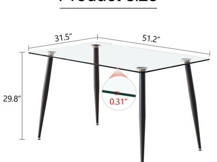 Modern Rectangular Glass Dining Table With Tempered Glass Top And Metal Legs For 4 - 6 People - Black / Transparent