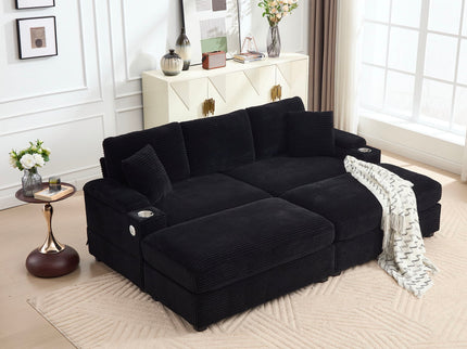 Convertible Sectional Sofa Bed Set With Armrest Storage, Cup Holder, USB - Black