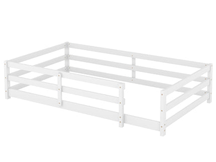 Twin Size Montessori Floor Bed With Fence - White