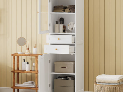 Tall Bathroom Storage Cabinet With Glass Doors, Free-Standing, Two Drawers, And Adjustable Shelves, Board, Painted Perfect For Displaying Your Favorite Items
