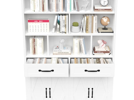 Bookcase Tall With 2 Doors & 2 Drawers, Fixed Open Shelves - White