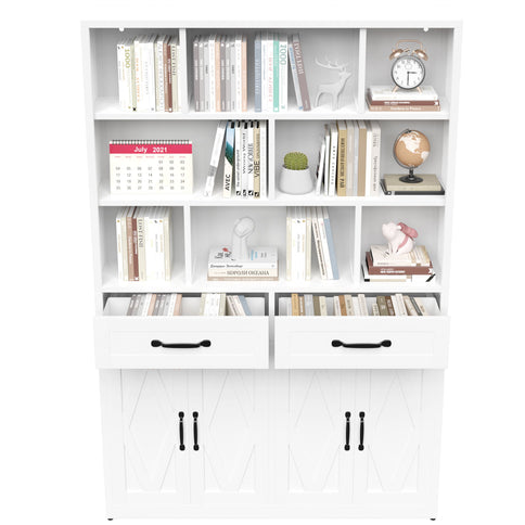 Bookcase Tall With 2 Doors & 2 Drawers, Fixed Open Shelves - White