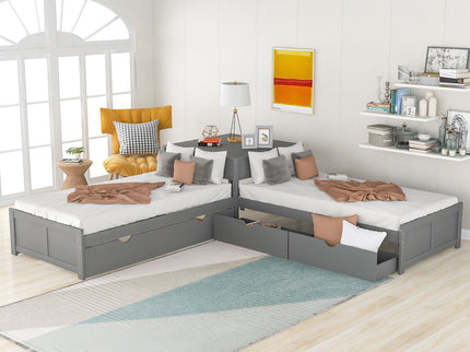 L Shaped Platform Bed With Trundle And Drawers Linked With Built In Desk