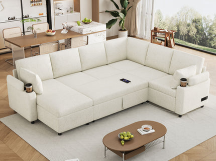 U-Shaped Sectional Sleeper Sofa With Ample Storage Space, 2 Cup Holders And Charging Ports For Living Room