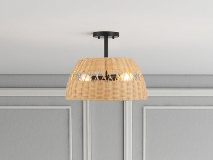 Twinkle - Double Lights Semi Flush With Shade - Black / Rattan