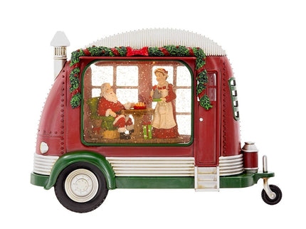 Christmas Plastic / Resin Camper With Mr & Mrs Santa Tea Time LED / Water Spinning / 2 Way Switch, 3*AA Required - Red