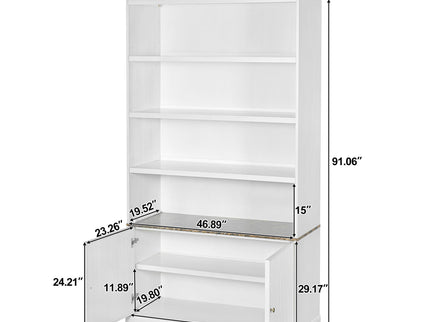 Tall Bookcase Storage Cabinet With 3 Open Shelves & Fluted Double Doors