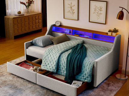 Twin Upholstered Sofa Bed With LED Lights, Storage Drawers, Adjustable Headboard & Wireless Charging - Beige