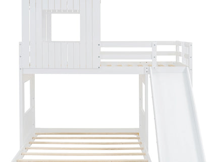 Loft Bunk Bed With Playhouse, Farmhouse, Ladder, Slide And Guardrails