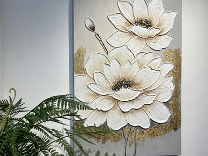 Lotus Flower Canvas Wall Art, Hand Painted Thick Textured Floral Painting With Accents, Neutral Decor For Living Room - Antique White / Gray
