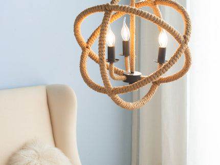 3 Light Farmhouse Chandelier, Rope Chandelier Globe Hanging Light Fixture With With Adjustable Chain For Kitchen, Bulb Not Included - Beige Brown