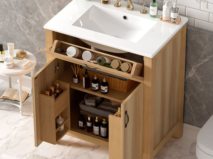 Bathroom Vanity With Flip Drawer, 2 Soft Close Doors, Adjustable Shelf And Ceramic Sink