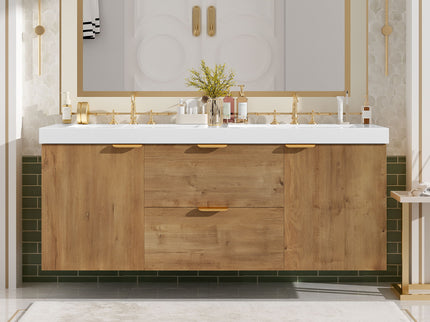 Double Sink Bathroom Vanity Soft Close Doors, Divided Drawers, Wall Mounted - Wood