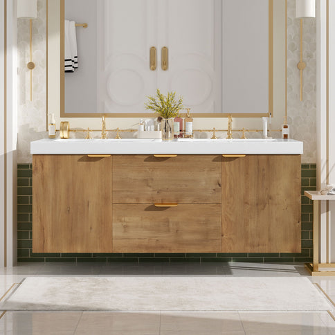 Double Sink Bathroom Vanity Soft Close Doors, Divided Drawers, Wall Mounted - Wood