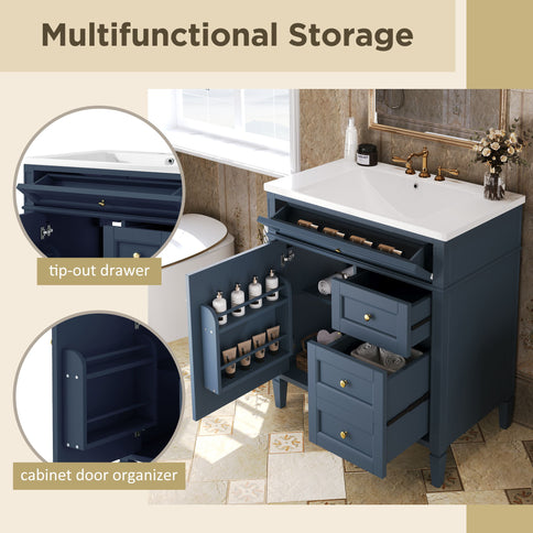 Bathroom Vanity With Top Sink, 2 Drawers And Tip Out Drawer, Rectangular Design