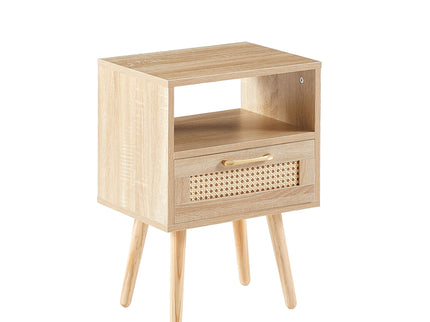 15.75" Rattan End Table With Drawer And Solid Wood Legs, Modern Nightstand, Side Table For Living Room, Bedroom