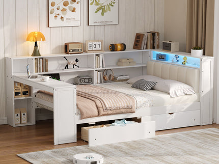 Platform Bed With Storage Shelves, Drawers, Charging Station, LED, Desk