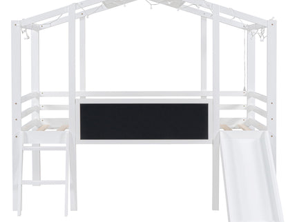 Loft House Bed With Ladder And Slide, With board And Light Strip On The Roof