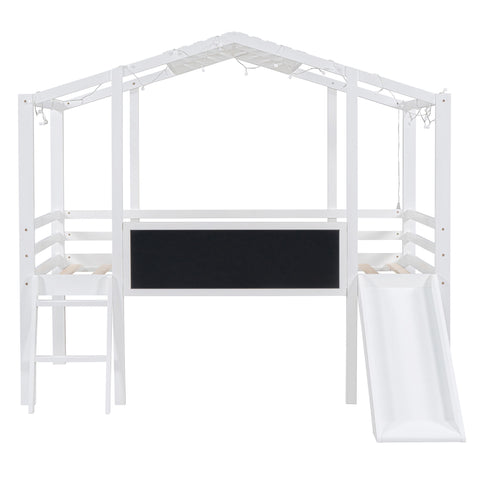 Loft House Bed With Ladder And Slide, With board And Light Strip On The Roof