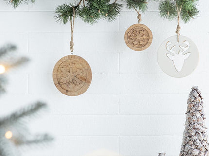 Wooden Hanging Circle With Snowflake Cut Decorative Hanging Christmas Tree Ornaments For Holiday Party Decorations (Set of 12) - Multi