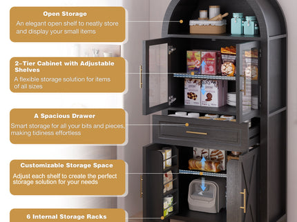 Arched Kitchen Pantry Cabinet With Adjustable Shelves And Barn Door Design