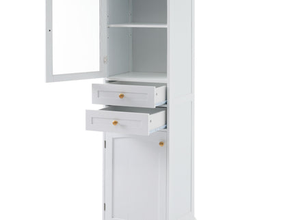 Tall Bathroom Storage Cabinet With Glass Doors, Free-Standing, Two Drawers, And Adjustable Shelves, Board, Painted Perfect For Displaying Your Favorite Items