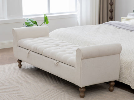 Modern Upholstered Storage Bench With Rolled Armrests]