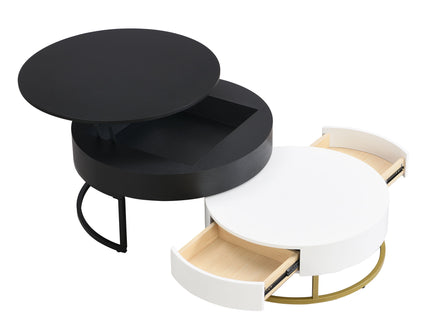 Modern Round Lift-Top Nesting Coffee Tables With 2 Drawers
