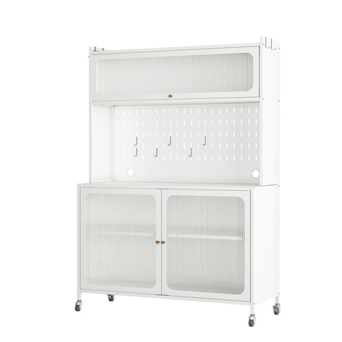 Contemporary Kitchen Pantry Cabinet With Glass Doors, Adjustable Shelves, Steel - Brushed Nickel
