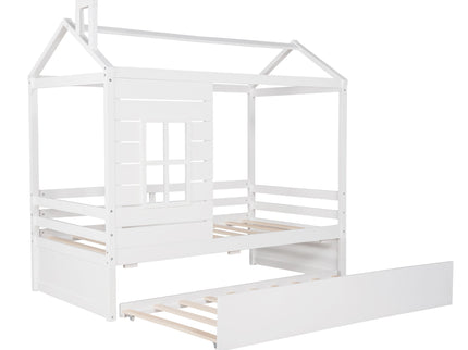 Twin Size Classic House Bed With Twin Size Trundle - White