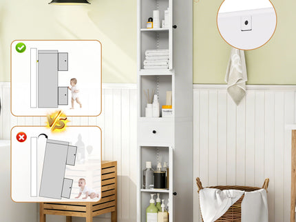Tall Narrow Bathroom Cabinet With 5-Tier Storage, Adjustable Shelves, Freestanding - White