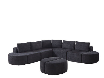 Modular Sectional Sofa With 6 Pillows And 4 Curved Footstools For Living Rooms - Black