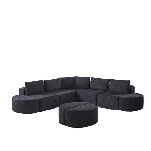 Modular Sectional Sofa With 6 Pillows And 4 Curved Footstools For Living Rooms - Black