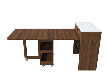 Extendable Dining Table With Power Socket, Lockable Casters, Storage Cabinet