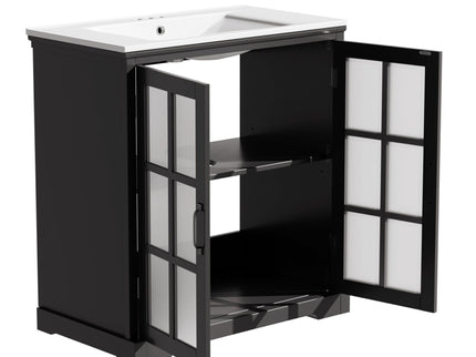 Modern Bathroom Vanity With Ceramic Sink, Tempered Blurred Glass Doors