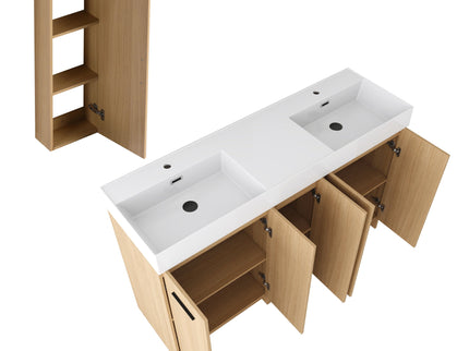 Double Sink Bathroom Vanity Set With Tall Linen Cabinet, Extra Large Storage, Integrated Sink, Freestanding Cabinet - Light Oak / White
