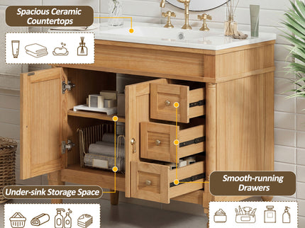 Modern Bathroom Vanity With Ceramic Sink, Soft Close Doors, Adjustable Shelves