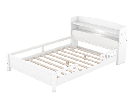 Wood Platform Bed With Built In LED Light, Storage Headboard And Guardrail