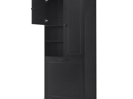 Modern Tall Storage Cabinet With Adjustable Shelves, Flip-Out Basket & Enclosed Doors