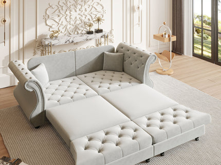 Oversized Chesterfield Pull Out Sofa Bed, Roll Arm Couch With Flower Tufting For Living Room