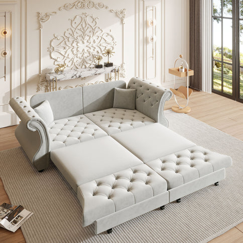 Oversized Chesterfield Pull Out Sofa Bed, Roll Arm Couch With Flower Tufting For Living Room