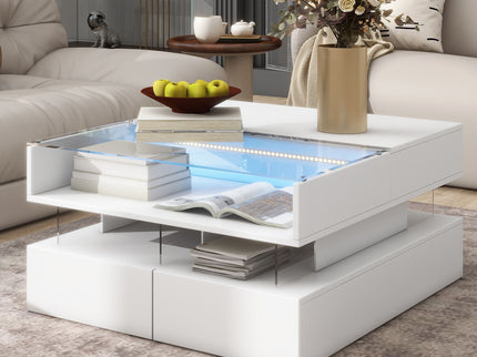 Lift Top Coffee Table With 2 Drawers, Hidden Space And LED Lights For Living Room