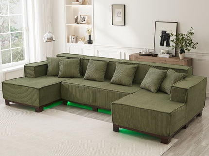 U-Shaped Sectional Sofa With RGB LED Light Strip And 6 Pillows