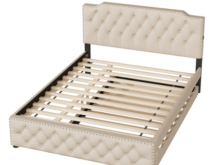 Upholstered Platform Bed With Trundle And 2 Sets Of USB Ports On Each Side, Fabric