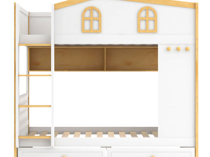 Twin Over Twin Bunk Bed With House Shaped Guardrails, Storage Shelves & Drawers - White / Natural