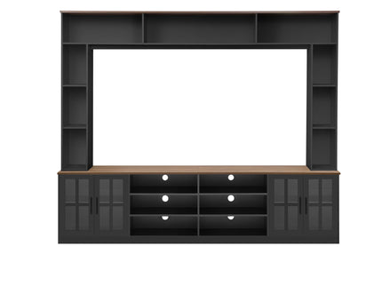 Wall Unit Entertainment Center With Bookshelves For TVs Up To 80", Tempered Glass Doors And Adjustable Shelves